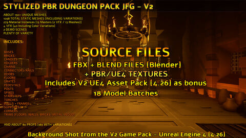 Stylized PBR Dungeon Pack JFG V2 - [Source Files] - FBX + Blend Files + PBR/UE4 Textures + Unreal Engine 4 Uasset Pack [4.26] Only [Bonus]