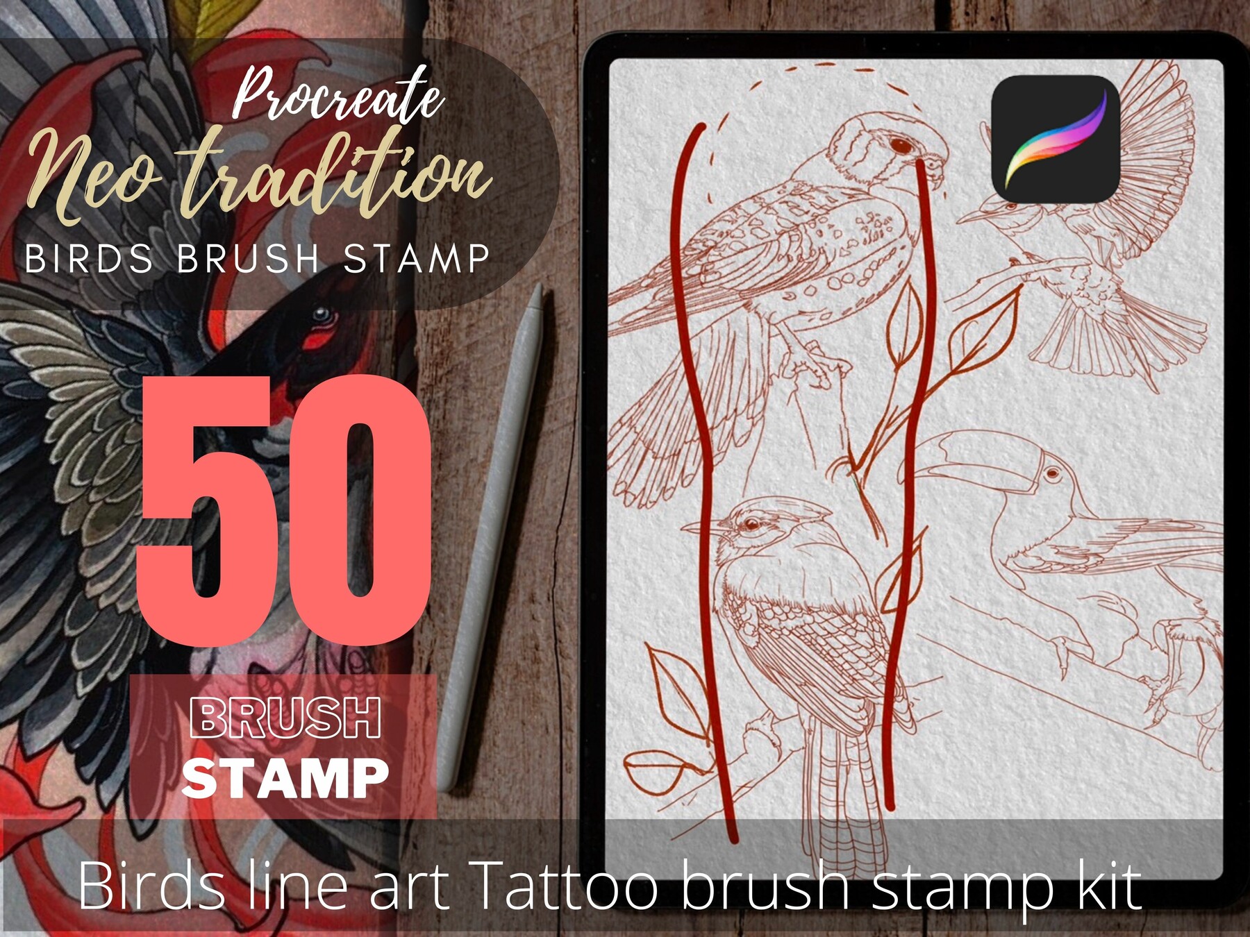 ArtStation Bird Procreate Tattoo brush stamp , Neo tradition tattoo