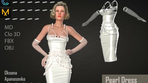 Pearl Dress. Clo 3D/MD project + OBJ, FBX files