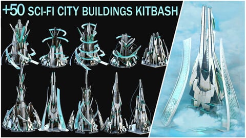50 Sci-Fi Futuristic Fantasy City Building Kitbash Pack