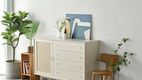 Bund Woody White Rattan 4-Tier Wide Chest of drawers