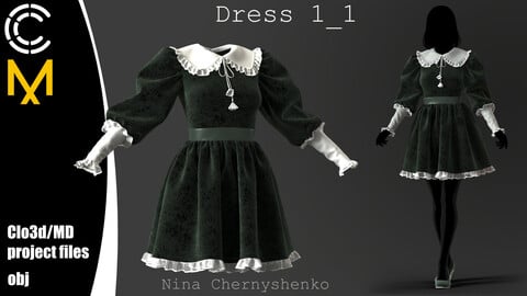 Dress1_1. Marvelous Designer/Clo3d project + OBJ.