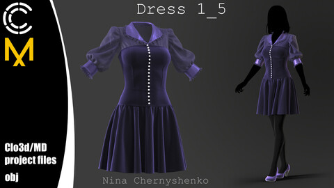 Dress 1_5. Marvelous Designer/Clo3d project + OBJ.