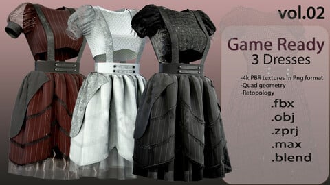 3 Female dresses, low Poly Model (Game Ready)-VOL 02