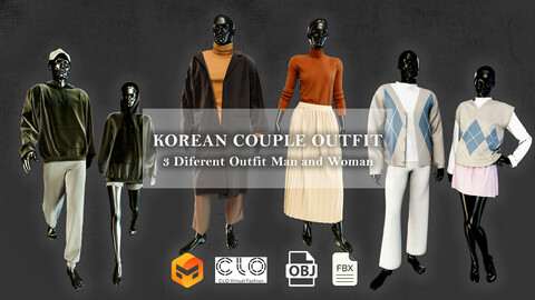 3 Different Korean couple outfit  . Marvelous Designer, Projects Files: Zprj , OBJ , FBX , LOWPOLY
