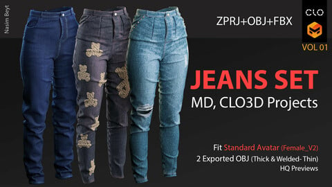3 Different Female Jeans Sets (VOL 01) with Texture. CLO3D, MD PROJECTS+OBJ+FBX