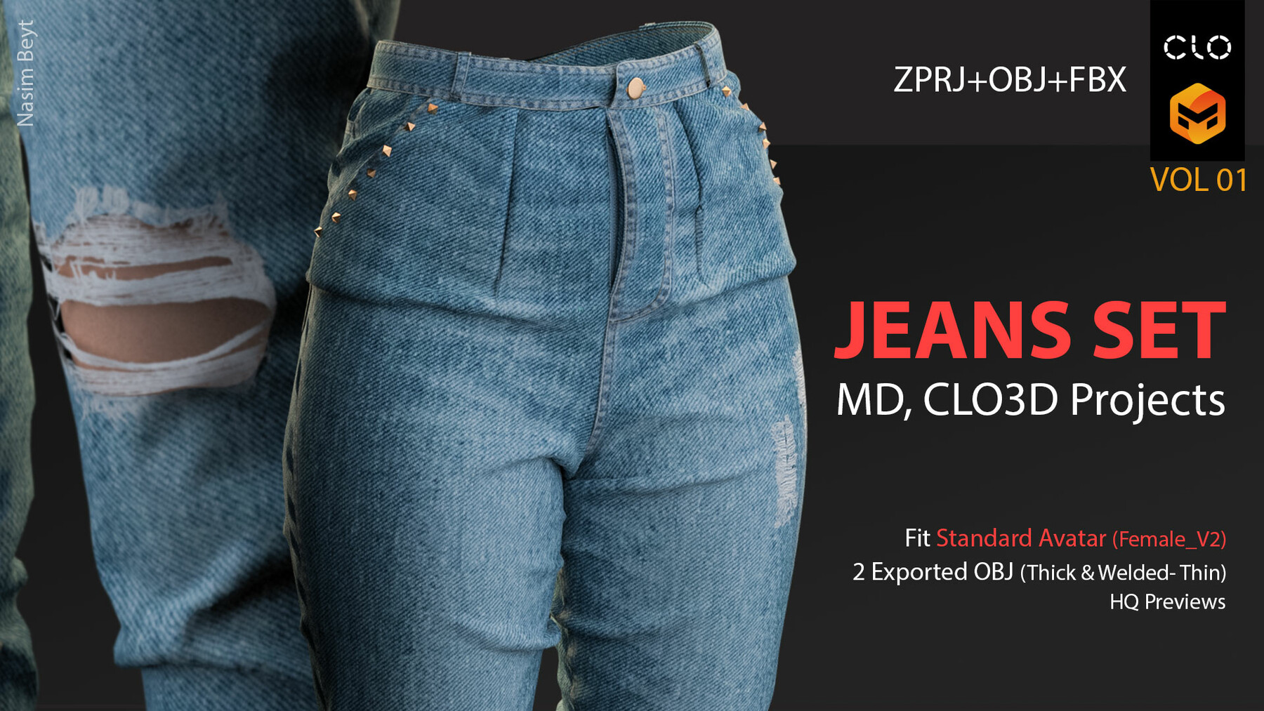 ArtStation - 3 Different Jeans Sets (VOL 01) with Texture. CLO3D, MD PROJECTS+OBJ+FBX Game Assets