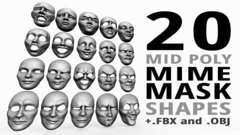 20 mime and facial expression masks IMM zbrush set + obj and fbx files.