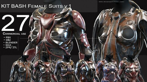27 Female Scifi Suits KitBash with Uvs - Plus ZTL - LP+HP) .obj/.fbx/.blend/.max