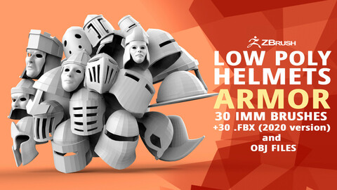 30 Low-poly medieval fantasy armor helmets shapes IMM zbrush set and fbx, obj files.