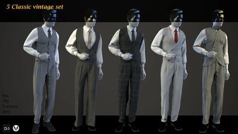 5 Classic Outfits set for men (pants+vest) . ( Marvelous / Clo3d project ) + FBX + OBJ