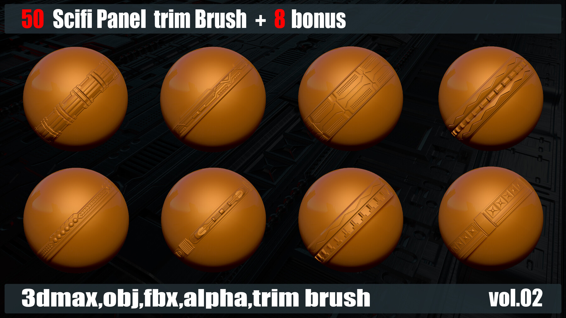ArtStation 50 Scifi Panel Trim Brush + 8 Bonus + 3D Models + Alpha