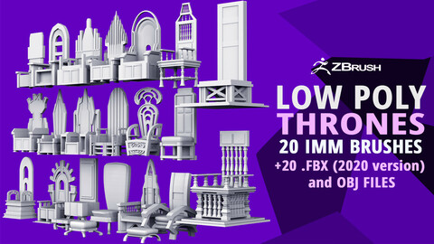 20 low poly thrones chairs furniture IMM brush set for Zbrush, obj and fbx files.