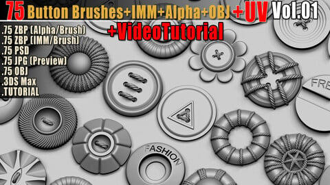 75 Button Brushes + IMM + Alpha + OBJ +UV + Video Tutorial Vol01
