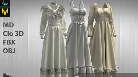 Romantic dresses. Clo 3D/MD project + OBJ, FBX files