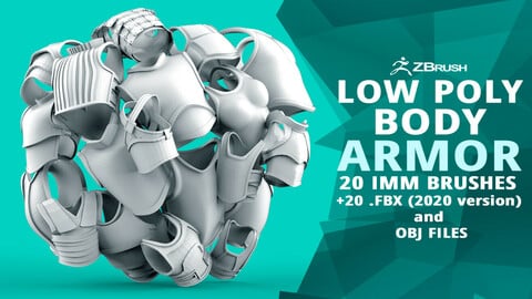 20 Low-poly medieval fantasy body armor shapes IMM zbrush set and fbx, obj files.