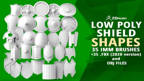 30 Low-poly medieval fantasy shield shapes IMM and 5 strap shapes zbrush set and fbx, obj files.