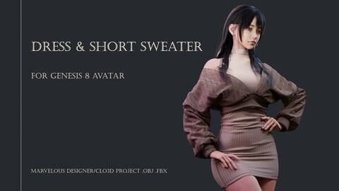 DRESS & SHORT SWEATER FOR AVATAR GENESIS 8 FEMALE. MARVELOUS DESIGNER/CLO3D PROJECT .obj.fbx