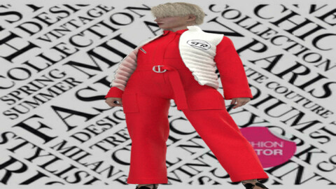 TRUGEN's red coverti denim boiler jumpsuit+white nylon puffer jacket