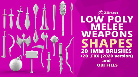 20 Low-poly medieval fantasy melee weapon shapes IMM shapes Zbrush set and fbx, obj files.