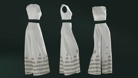 Pants and white blouse with an open belly with an Arabic Sadu print