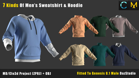 7 Kinds Of Men's Sweatshirt And Hoodie MD/CLO3D File (ZPRJ) + obj