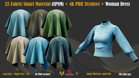 25 Fabric denim smart material(SPSM)+4K PBR Textures+ Woman Dress(Low poly + High poly + PBR Textures + ZPRJ file)