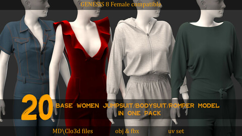 20 Base Woman Jumpsuit/Bodysuit/Romper model in one pack( Zprj file/obj/fbx/uv )