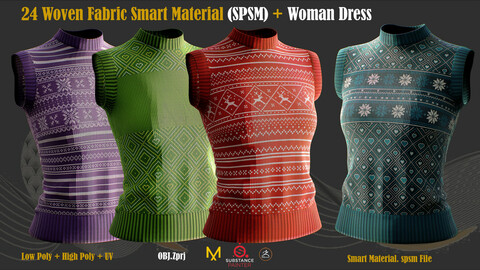24 Woven Fabric smart material(SPSM)+ Woman Dress(Low poly + High poly + ZPRJ file)
