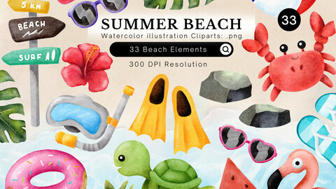 Summer Beach Clipart - Summer Watercolor Clipart - Summer Party and Tropical