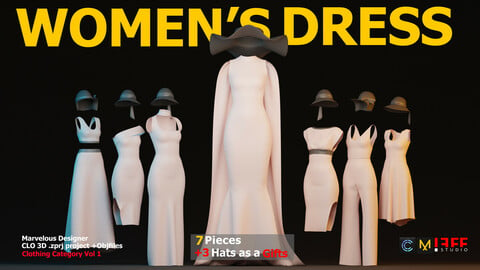 7 WOMEN'S DRESS + 3 HATS AS A GIFT Marvelous Designer (Projects Files: Zprj , OBJ)