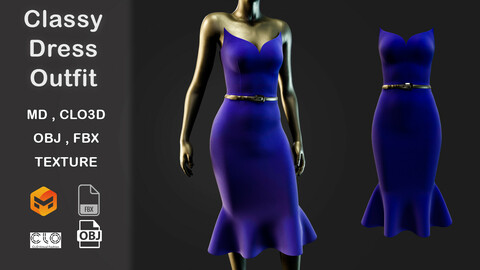 Classy Dress Outfit Marvelous Designer, Projects Files: Zprj , OBJ , FBX , Highpoly , Texture