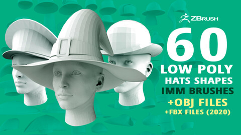 60 Low-poly hat and headwear base mesh shapes IMM shapes Zbrush set and fbx, obj files.