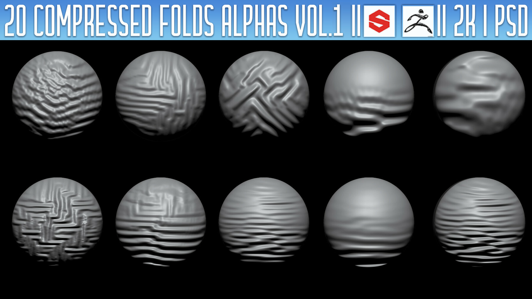 20 Compressed Folds Alphas Vol.1 (ZBRush, Substance, 2K, PSD) preview 2