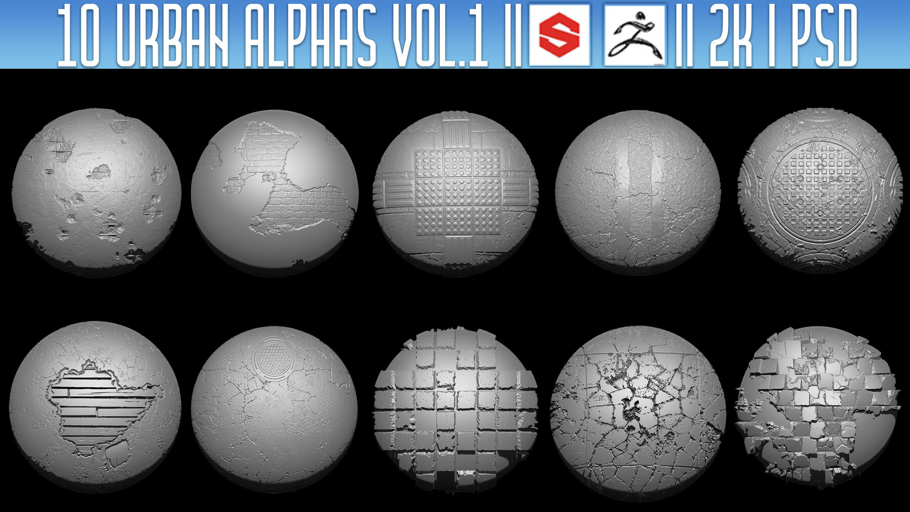 10 Urban Alphas Vol.1 (ZBRush, Substance, 2K, PSD) preview