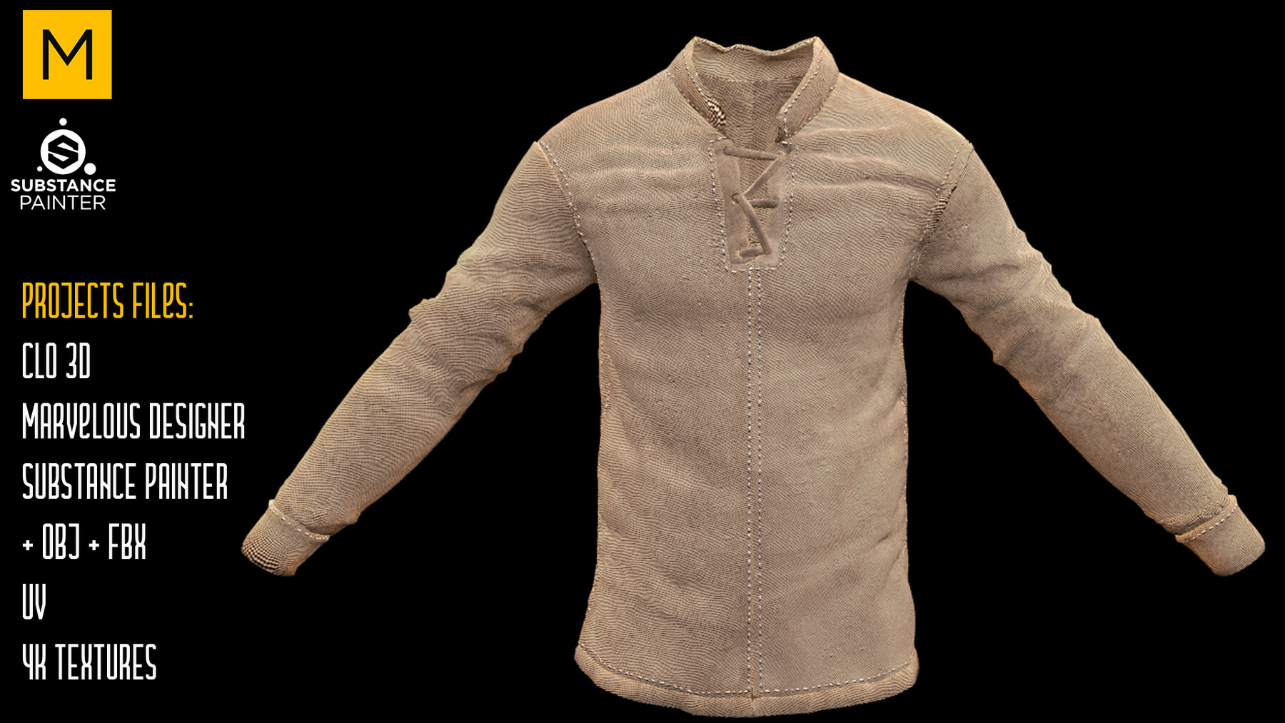 Medieval Shirt. CLO 3D & Marvelous & Substance projects. FBX & OBJ. 4K Textures. preview 2