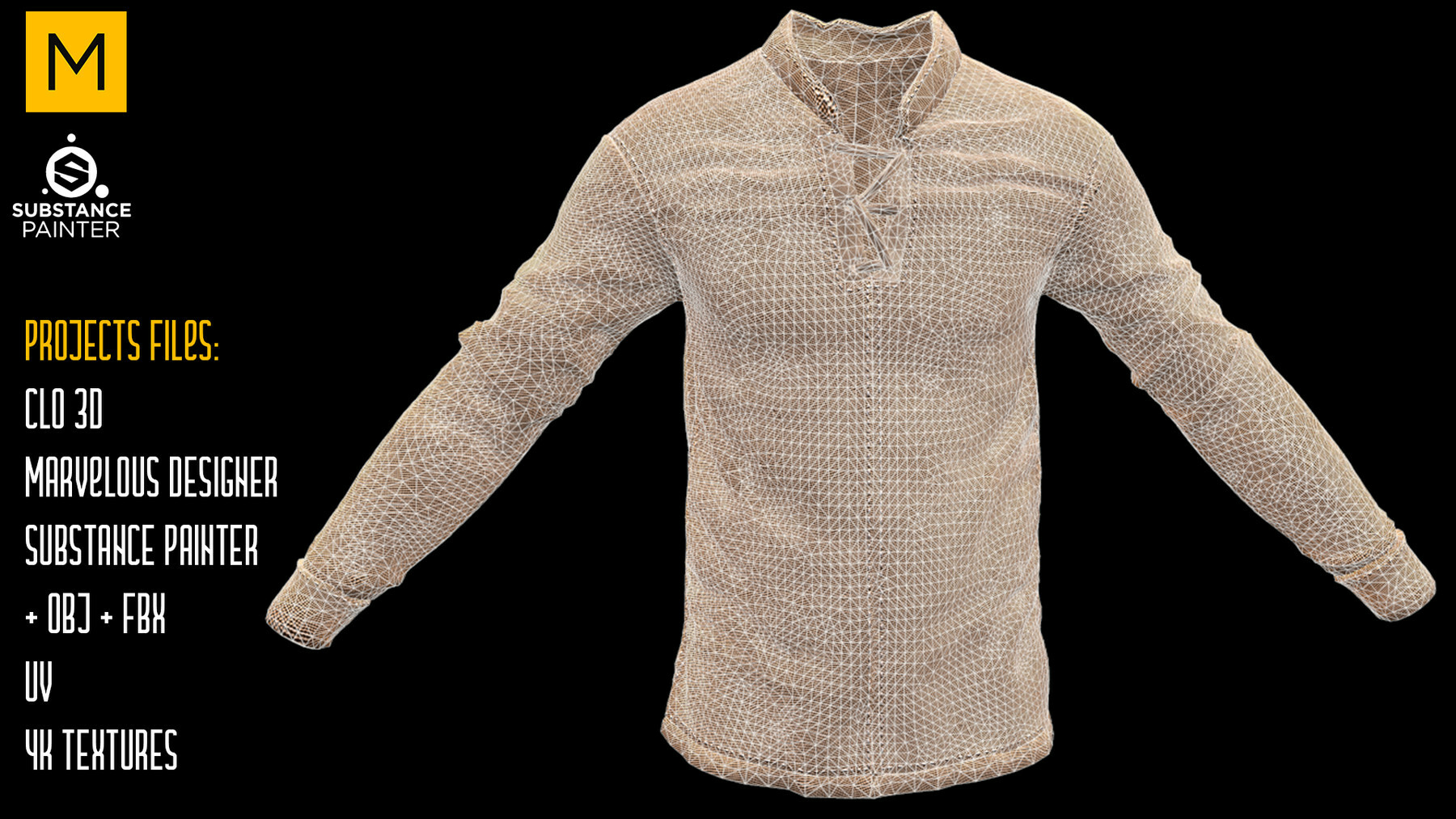 Medieval Shirt. CLO 3D & Marvelous & Substance projects. FBX & OBJ. 4K Textures. preview 3