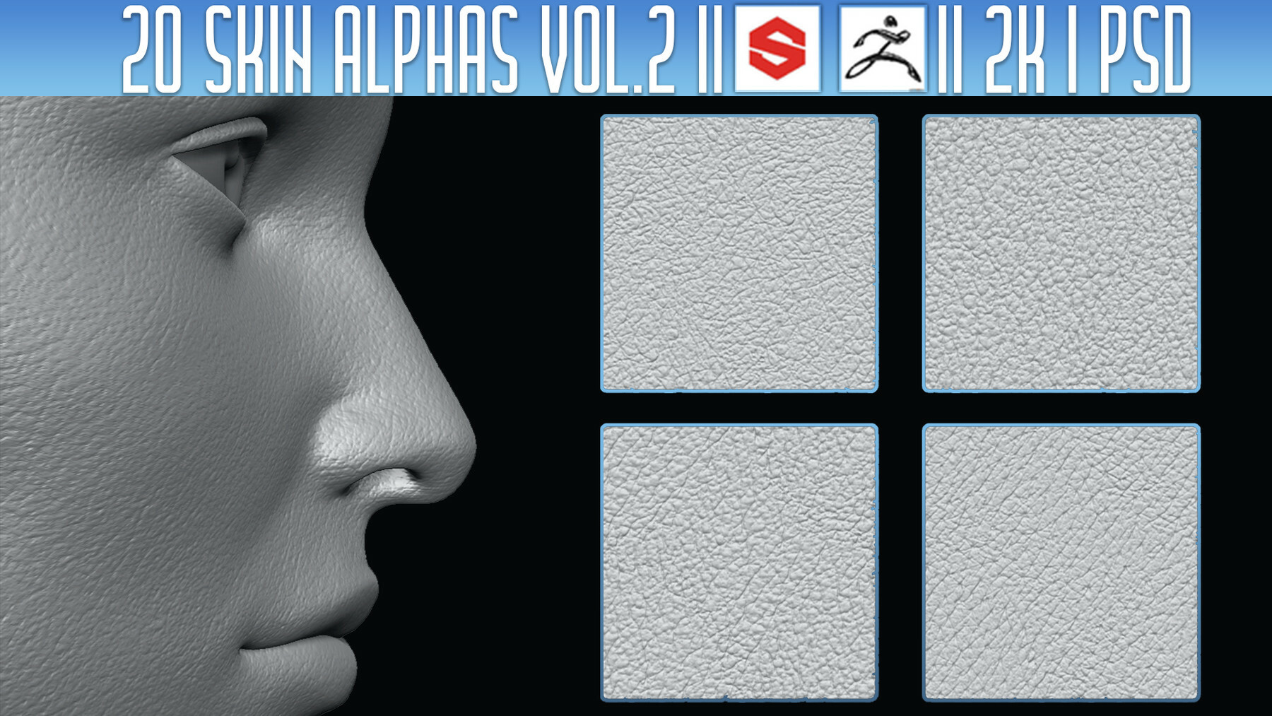 20 Skin Alphas Vol.2 (ZBRush, Substance, 2K, PSD) preview
