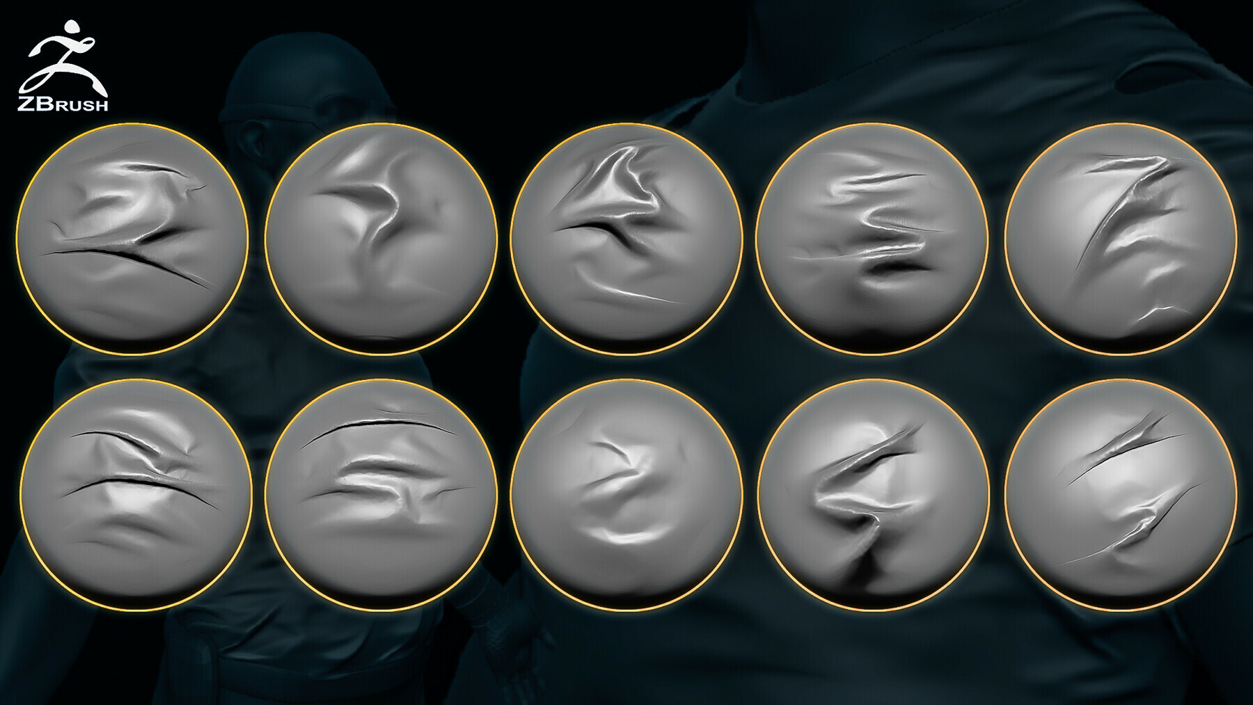 25 Folds Brushes for ZBrush + Alphas (PSD) preview 3