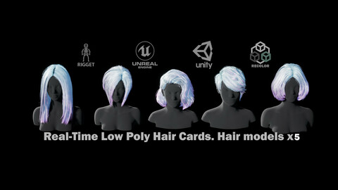 Hairstyle pack №2 (5 pieces). Low-poly / Game-ready / PBR. Polycount: 11 000- 22 000 Tris. / Rigging+Skinning.