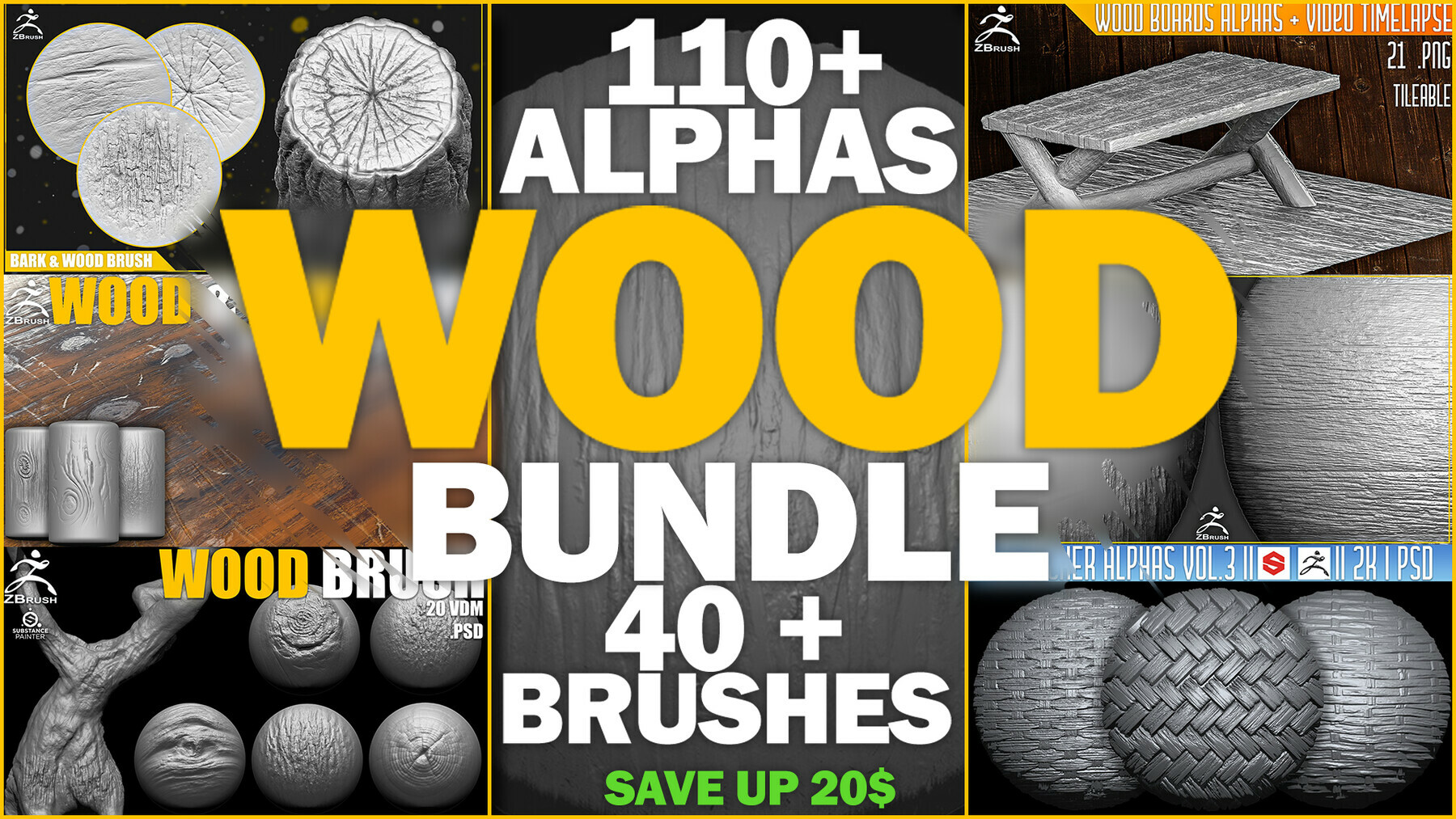 ZBrush Wood Bundle (110+ Alphas, 40+ Brushes) preview