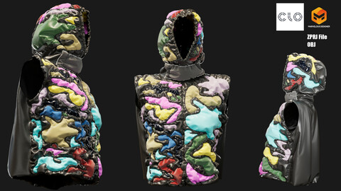 DIGITAL FASHION VEST- FUTURE HIGH END CAMOUFLAGE VEST - CLO 3D / MARVELOUS DESIGNER + OBJ File - Puffed Vest 1.0