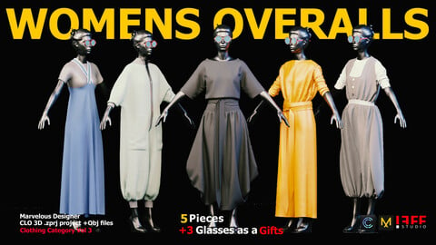 5 WOMENS OVERALLS + 3 GLASSES AS A GIFT / Marvelous Designer (Projects Files: Zprj , OBJ) VOL 2