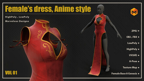 women's dress - Anime style / Marvelous Designer Clo3d Project + OBJ , FBX (Game Ready)