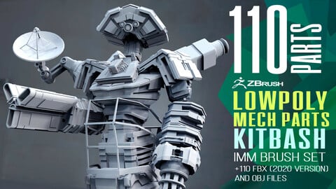 110 Low-poly futuristic sci-fi mech robot or weapon shapes and parts kitbash IMM Zbrush brush set, obj and fbx files.