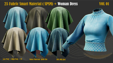 25 Fabric denim smart material(SPSM)+ Woman Dress(Low poly + High poly + PBR Textures + ZPRJ file)