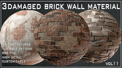 3 Damaged Brick Wall Material - VOL 11( SBS file + 4K PBR textures)