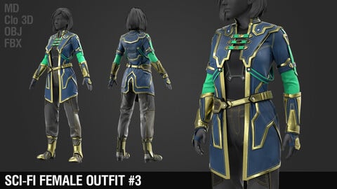 Sci-fi female outfit #3 / Cyberpunk / Future / Fantastic / Coat / Jacket / Armor / Shirt / Pants / Gloves / Boots / Equipment / Marvelous Designer