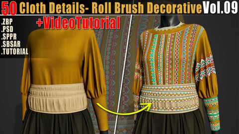 50 Cloth Details - Roll Brush Decorative + Alpha PSD + ZBP + Sbsar + SPPR + Video Tutorial_ Substance and Zbrush Vol09