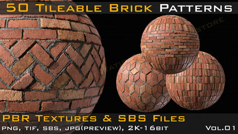 50 Tileable Brick Patterns & PBR Textures and Sbs Files - VOL 01